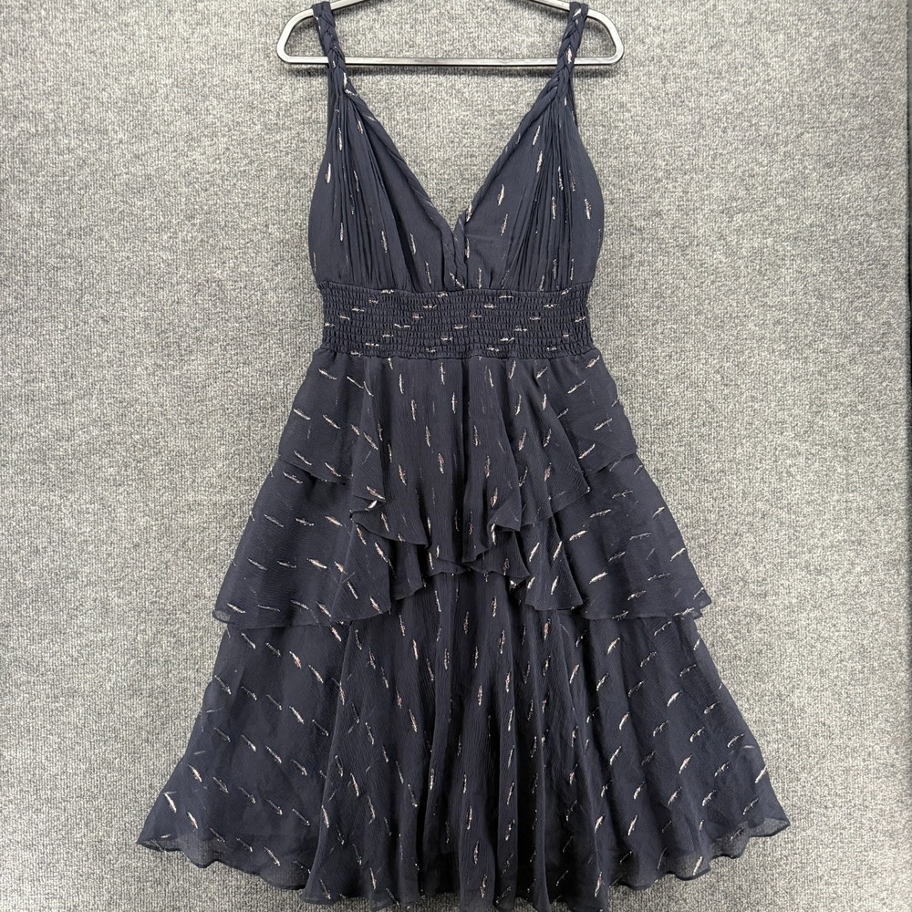 Rebecca Taylor Silk Dress Womens 12 Blue Ruffle‎ Tiered Whimsical Romantic Event